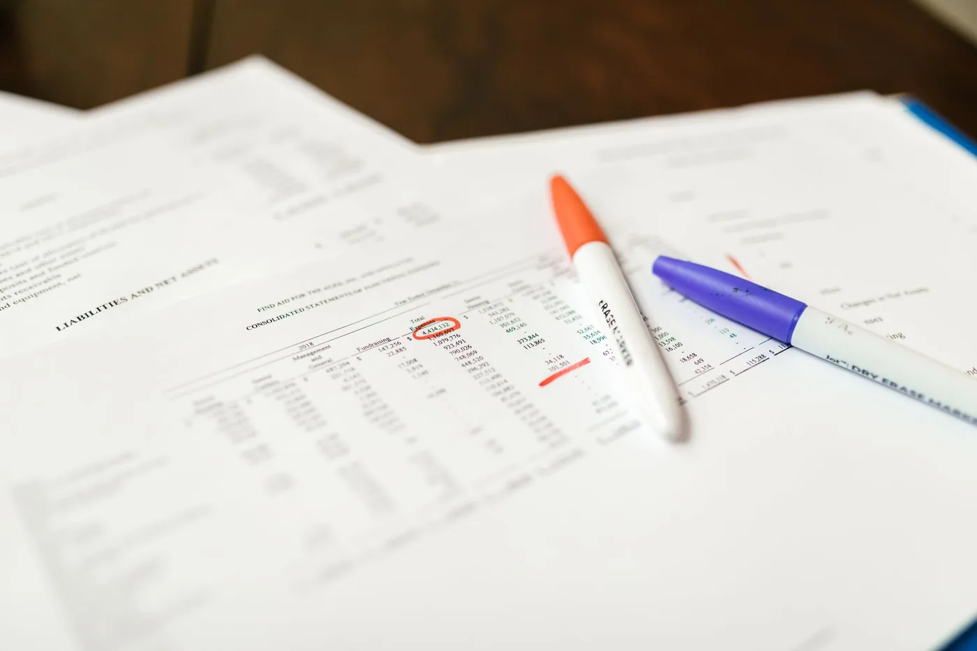Detail finančních dokumentů se zvýrazňovači
