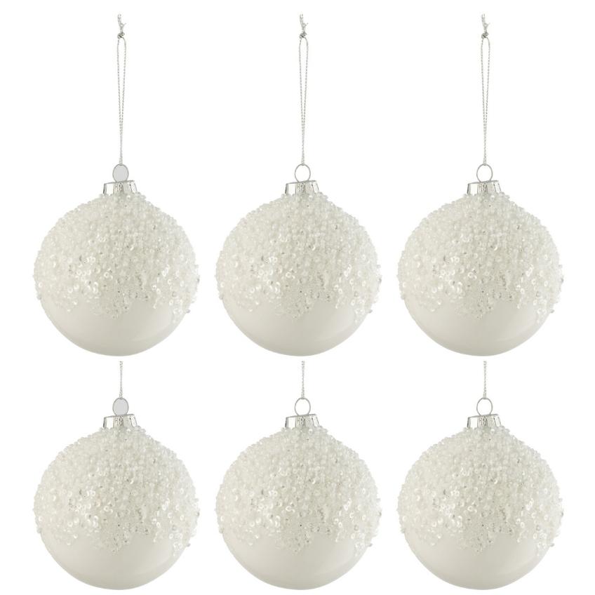 Set šesti bílých skleněných vánočních ozdob J-Line Snow Ball 9 cm