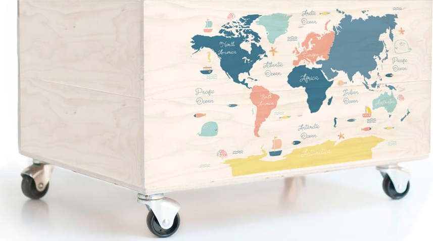 Dětský borovicový úložný box na kolečkách Folkifreckles Worldmap