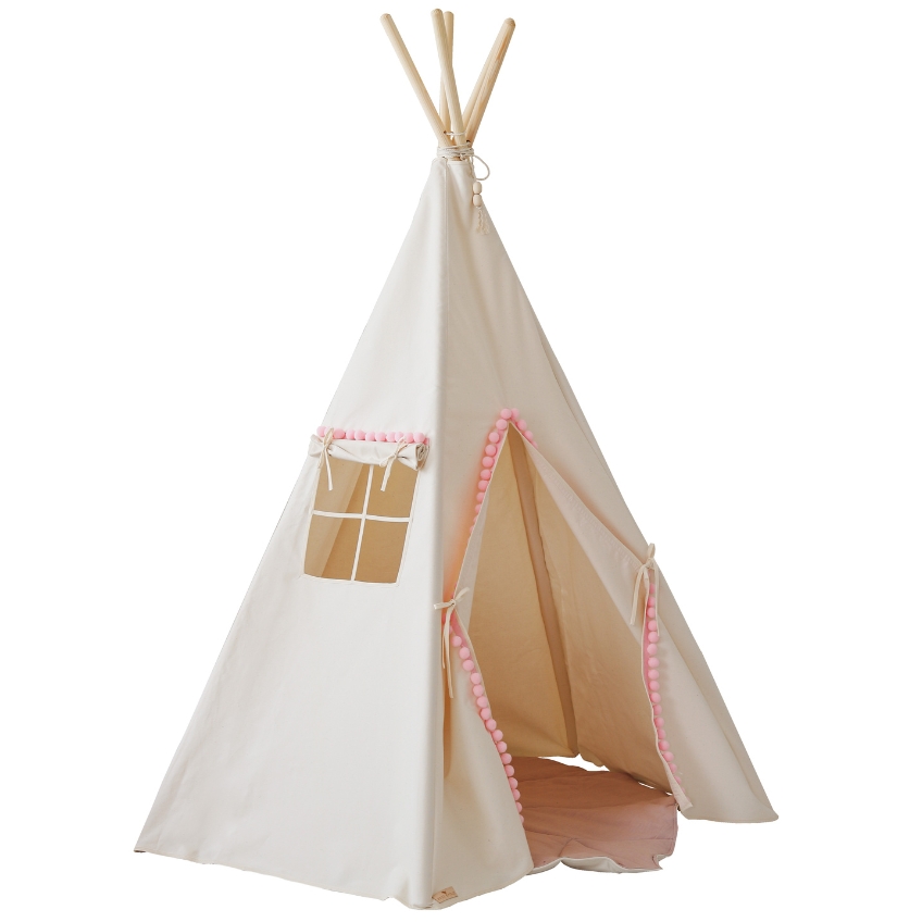 Moi Mili Béžový bavlněný teepee stan Fluffy Pompoms II. 170 x 130 cm