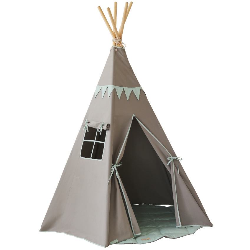 Moi Mili Šedý bavlněný teepee stan s girlandou Indian 170 x 130 cm